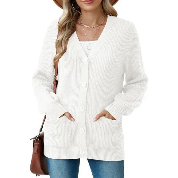 Cozy Women's Chunky Knit Cardigan - Long Sleeve V-Neck Sweater Coat with Pockets